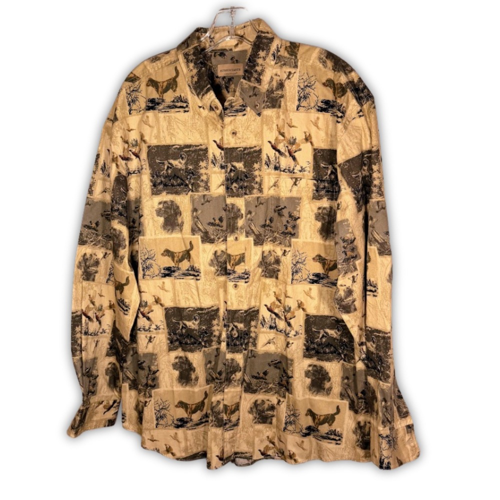 Rugged Earth Mens Large Hunting Dog Pheasant Print Button Down Shirt GORP Camp